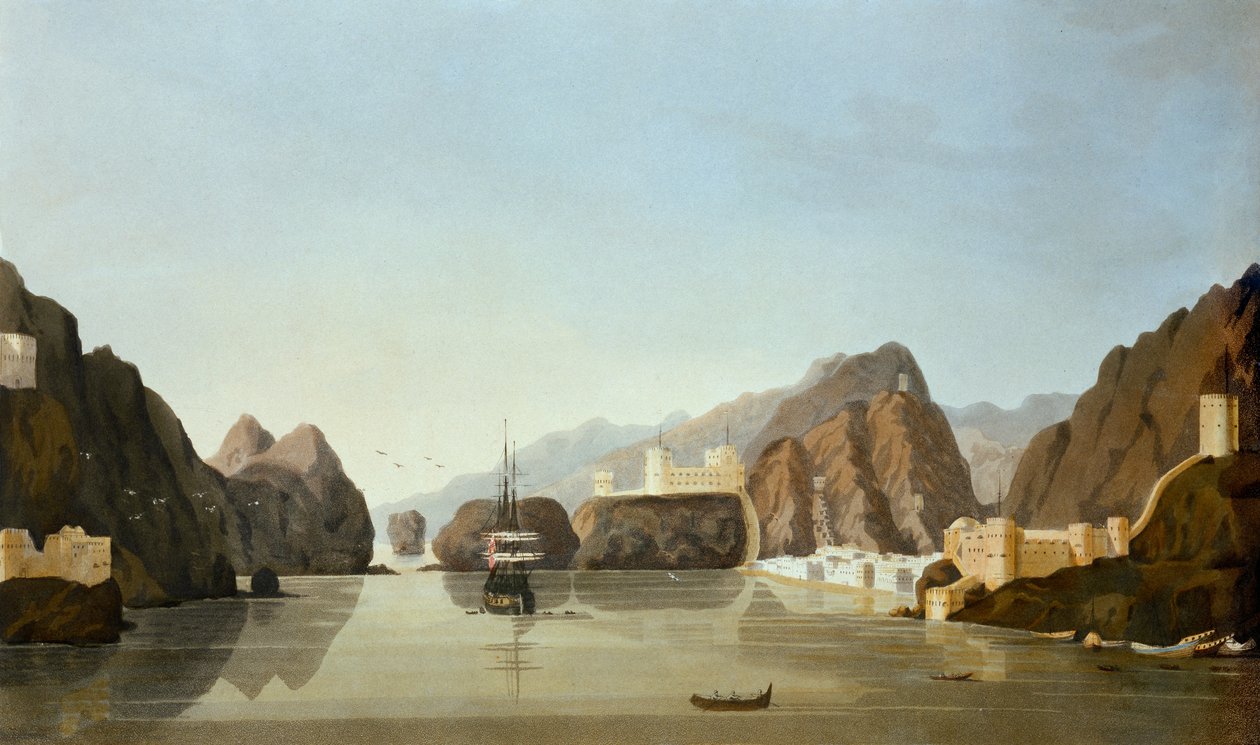 Muscat vanuit de haven met een Britse fregat voor anker, uit Sixteen Views of Places in the Persian Gulf, door Luitenant R. Temple, gepubliceerd 1813 door English School