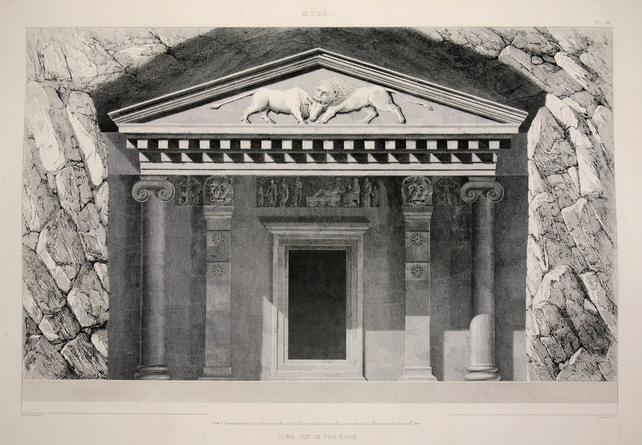 Myra - Graf in de rots gehouwen, pub. 1863 lithografie door English School