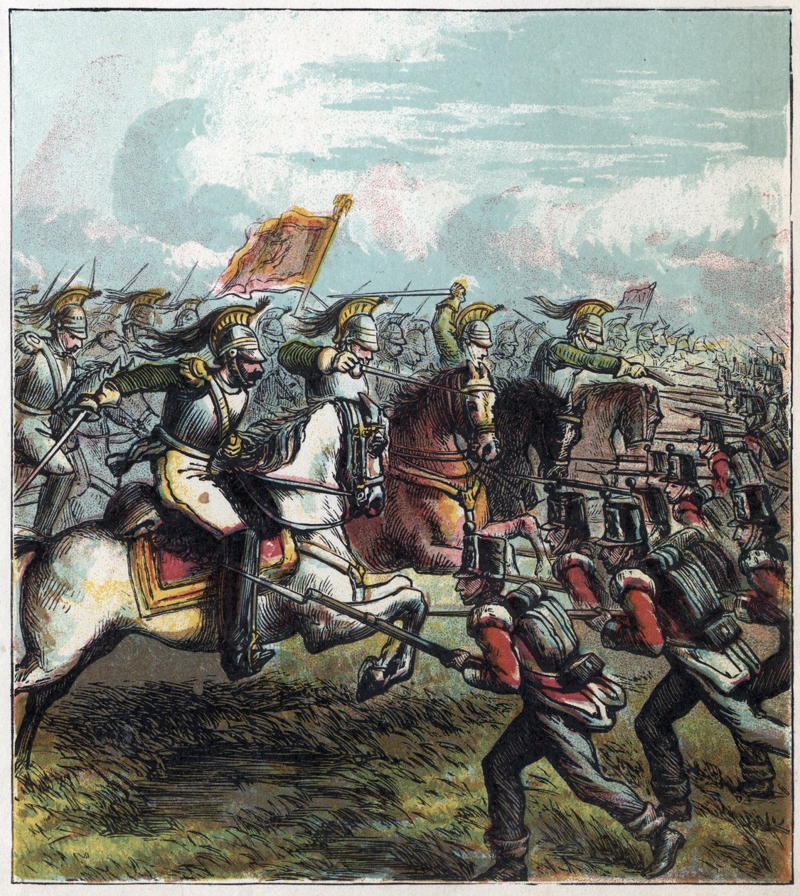 Napoleontische oorlog: de Slag bij Waterloo op 18/06/1815. De Franse cavalerie van Napoleon I viel het Engelse leger aan, de nederlaag van de Fransen markeerde het einde van het rijk van Napoleon I. De Slag bij Waterloo door English School