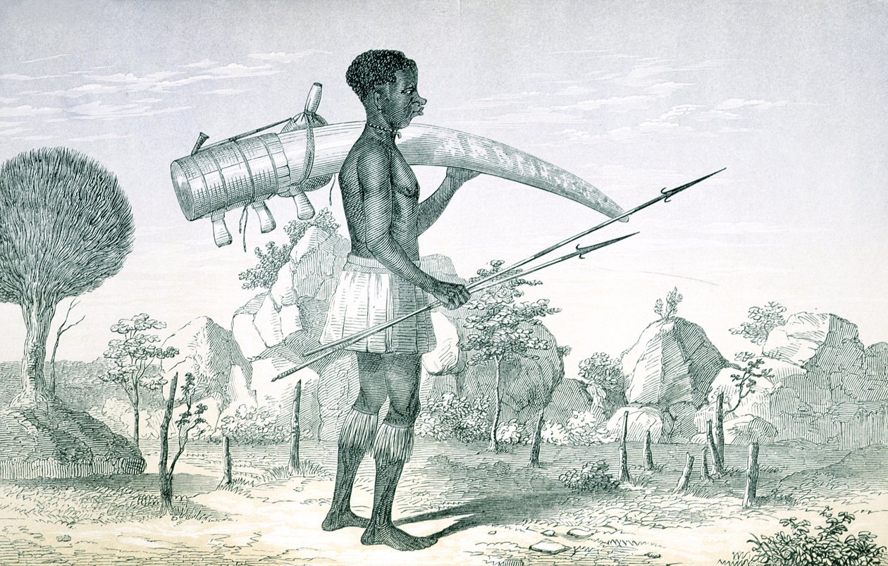 Inheemse die een versierde ivoren olifantenslagtand draagt, uit The Lake Regions of Central Africa, door Richard F. Burton, 1860 door English School