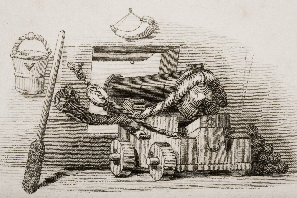 Marinekanon, illustratie uit Englands Battles by Sea and Land door Lieut. Col. Williams door English School