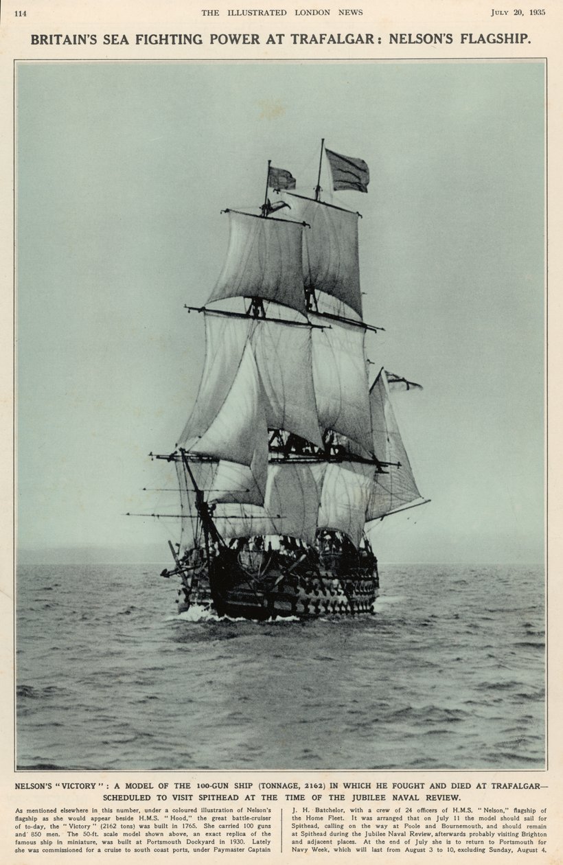 Nelsons Victory: een model van het 100-kanonschip waarin hij vocht en stierf bij Trafalgar, uit The Illustrated London News Royal Naval and Military Review Number, 20 juli 1935 door English School