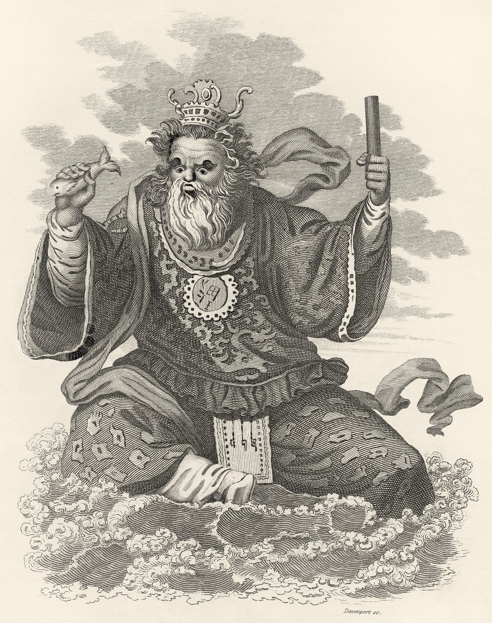 Neptunus van de Chinezen, illustratie uit De Wereld: of de huidige staat van het Universum, zijnde een Algemene en Complete Collectie van Moderne Reizen en Reizen, door Cavendish Pelham, gepubliceerd, Londen door English School