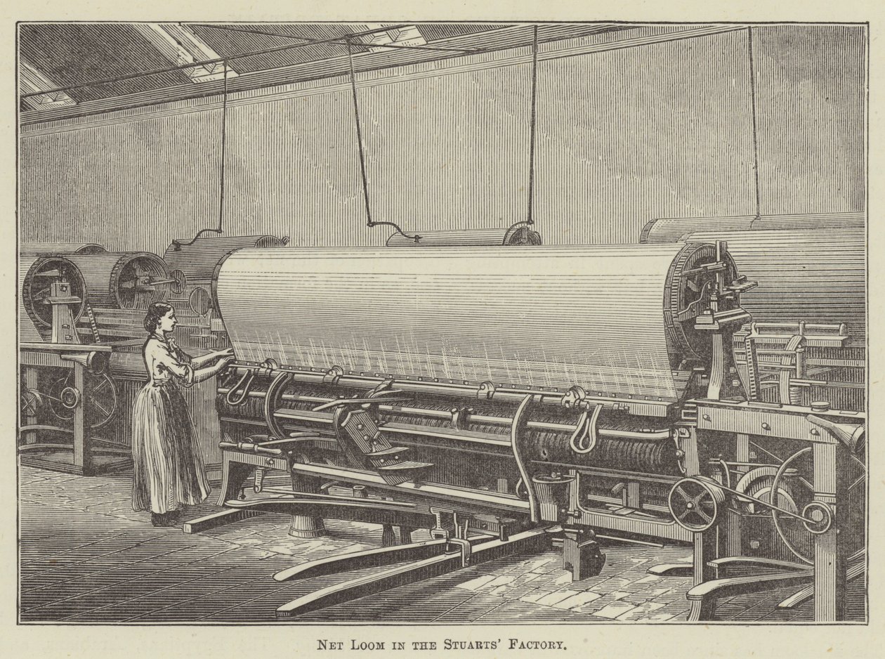 Netweefgetouw in de fabriek van de Stuarts (gravure) door English School
