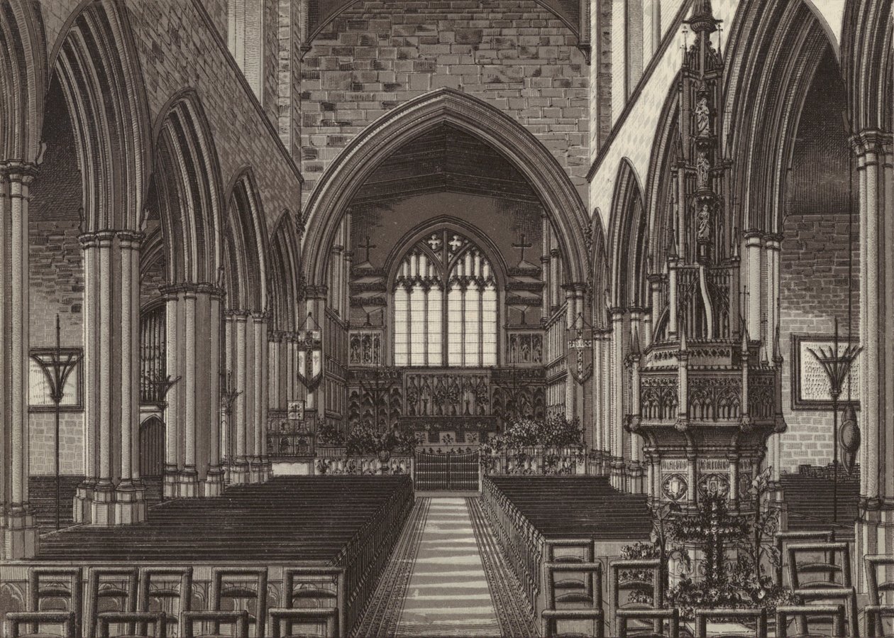 Newbury Kerk interieur (litho) door English School