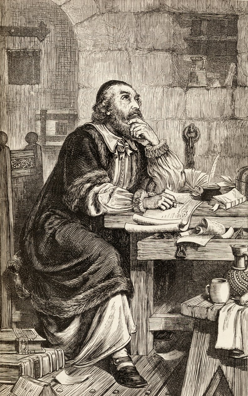 Nicholas Ridley schrijft brieven in de gevangenis terwijl hij wacht op zijn executie, ca. 1865 door English School