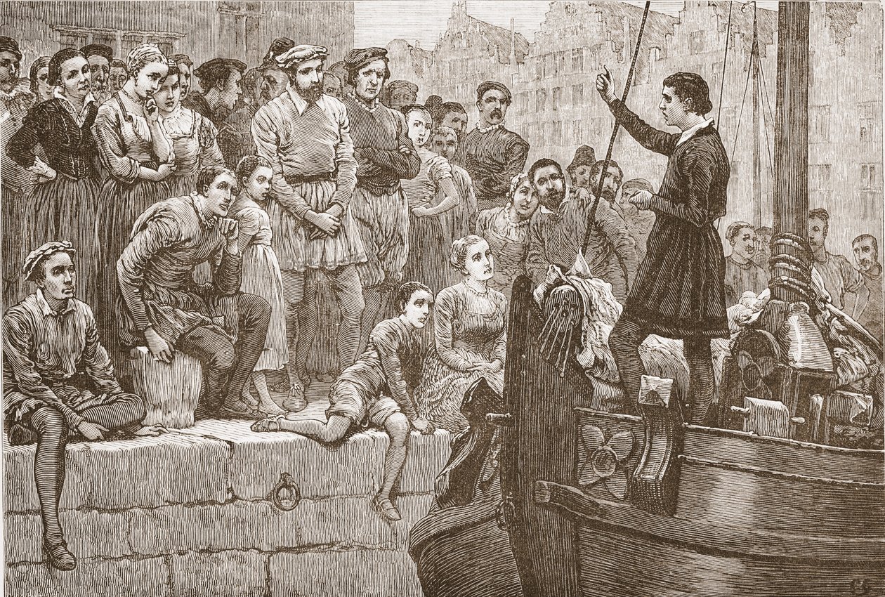 Nicolaas predikt aan de menigte vanuit een boot op de Schelde, illustratie uit De Geschiedenis van het Protestantisme door James Aitken Wylie, 1878 door English School