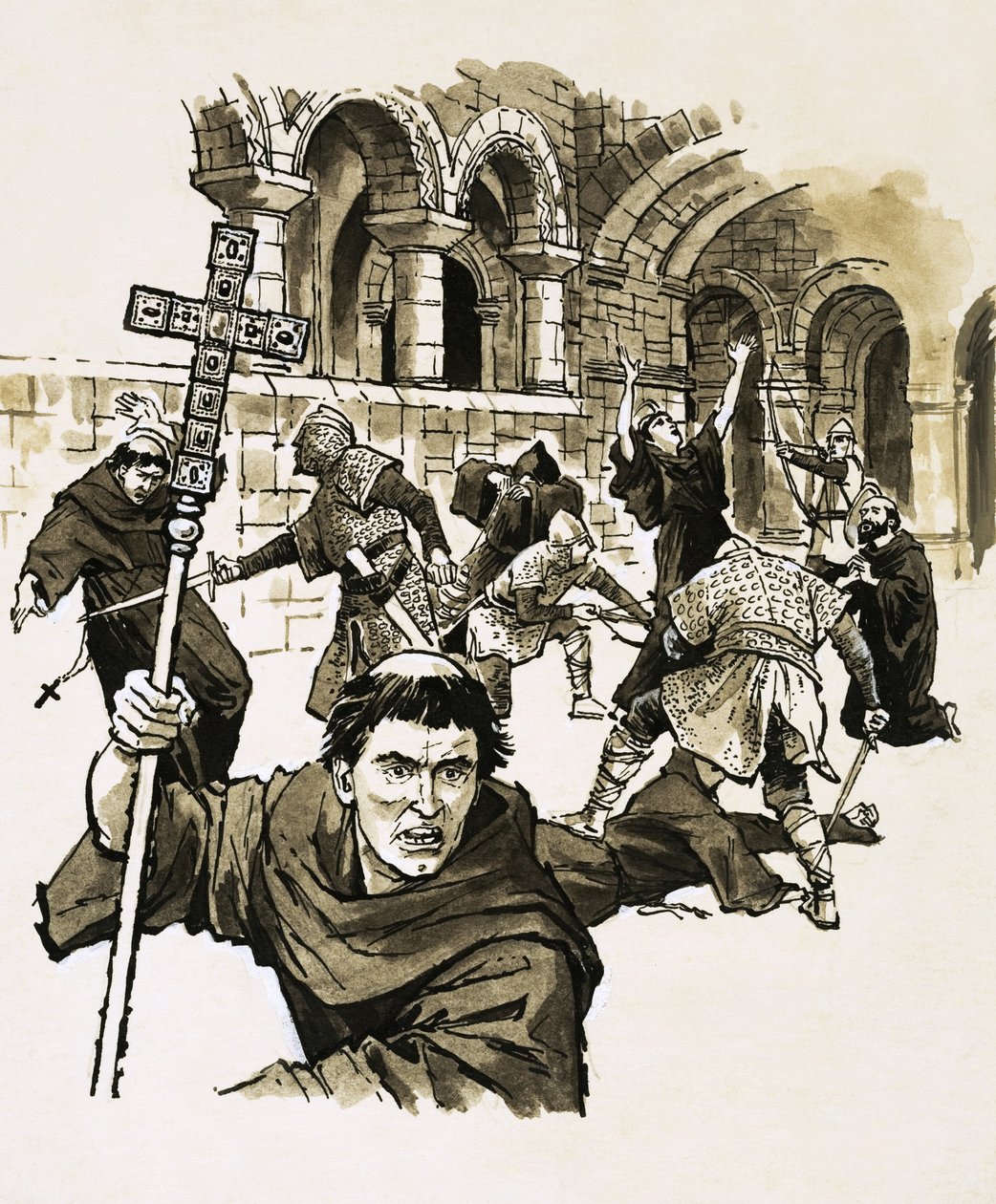 Normandische soldaten doden opstandige monniken in hun kerk in Glastonbury door English School