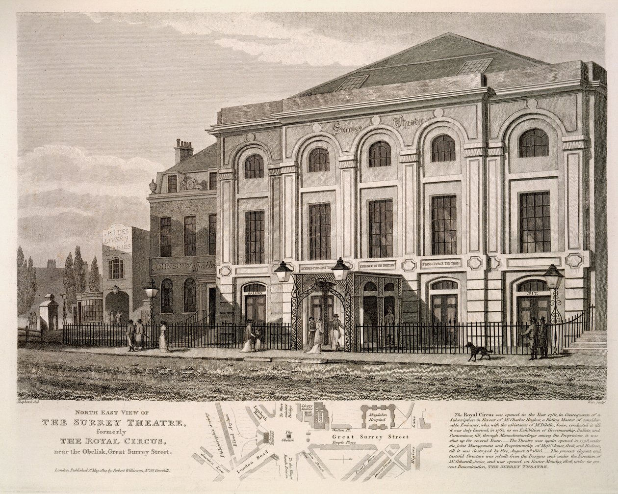 Noordoostelijke aanblik van het Surrey Theatre, voorheen The Royal Circus bij de obelisk, Great Surrey Street, 1814 door English School