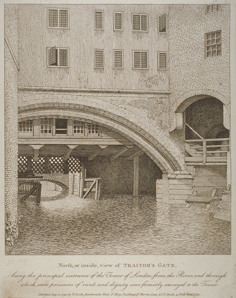 Noordaanzicht van Traitors Gate, Tower of London, gepubliceerd door Nathaniel Smith, 1798 door English School