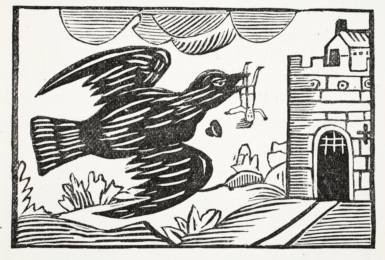 Nu door een raaf van grote kracht, werd arme Tom weggevoerd, illustratie uit Chap-books van de Achttiende Eeuw door John Ashton, uitgegeven 1882 door English School