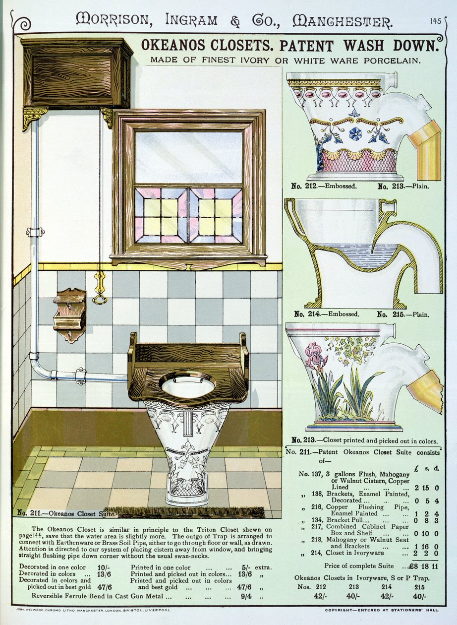 Okeanos kasten uit een catalogus van sanitair geproduceerd door Morrison, Ingram & Co., Manchester, gepubliceerd ca.1890 door English School