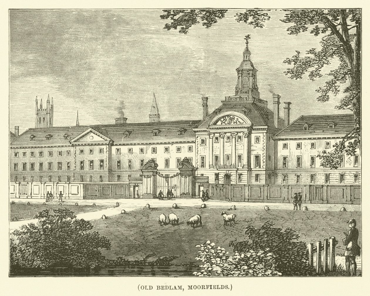 Old Bedlam, Moorfields (gravure) door English School
