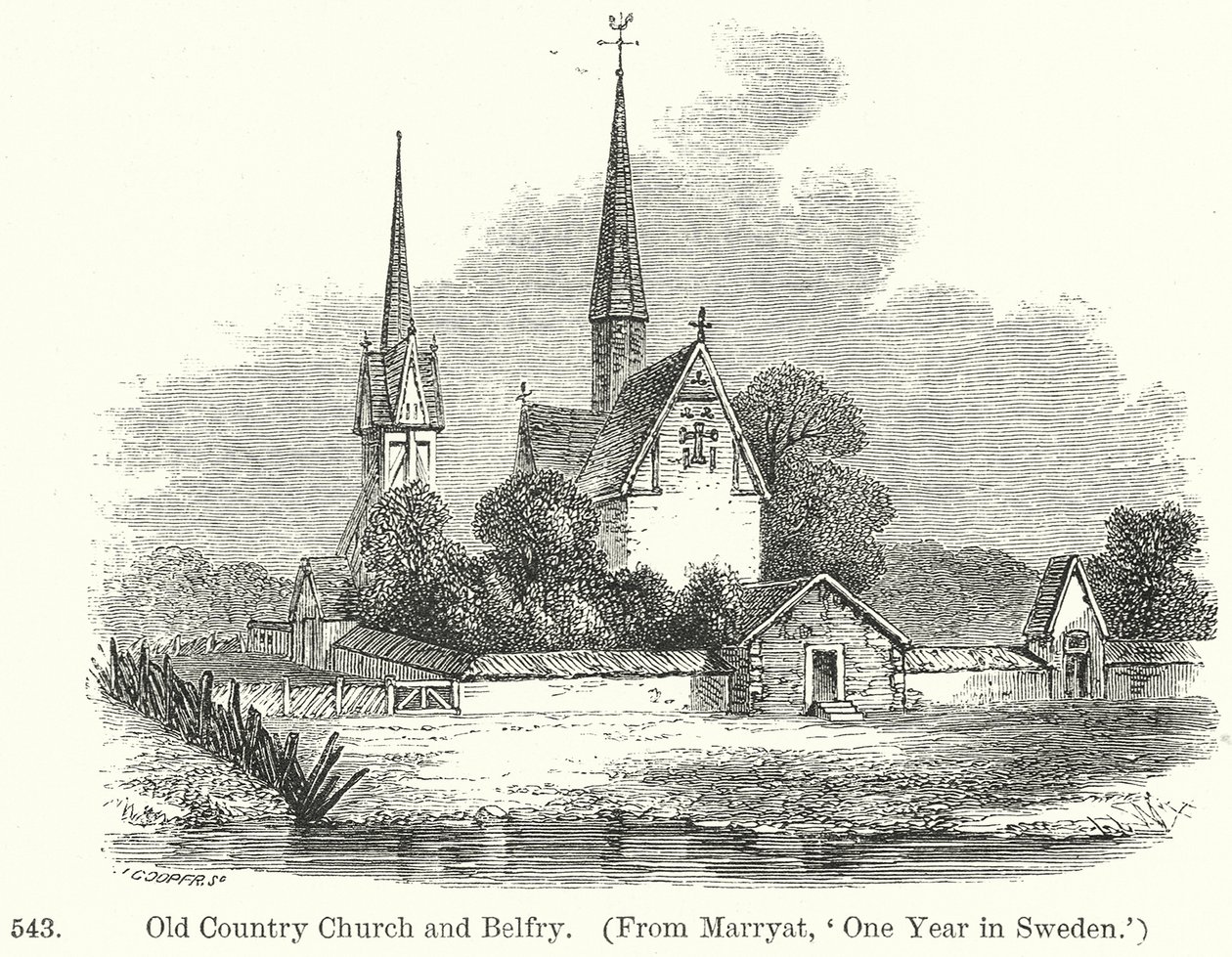 Oude plattelandskerk en Belfort (gravure) door English School