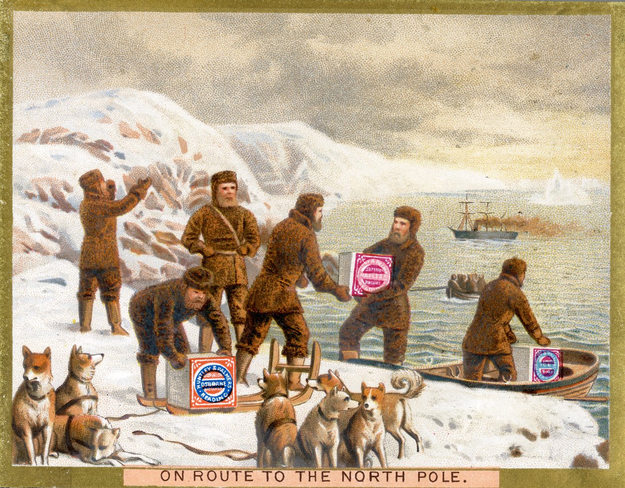 Op weg naar de Noordpool, promotiekaart voor Huntley & Palmers Biscuits, ca. 1890 door English School