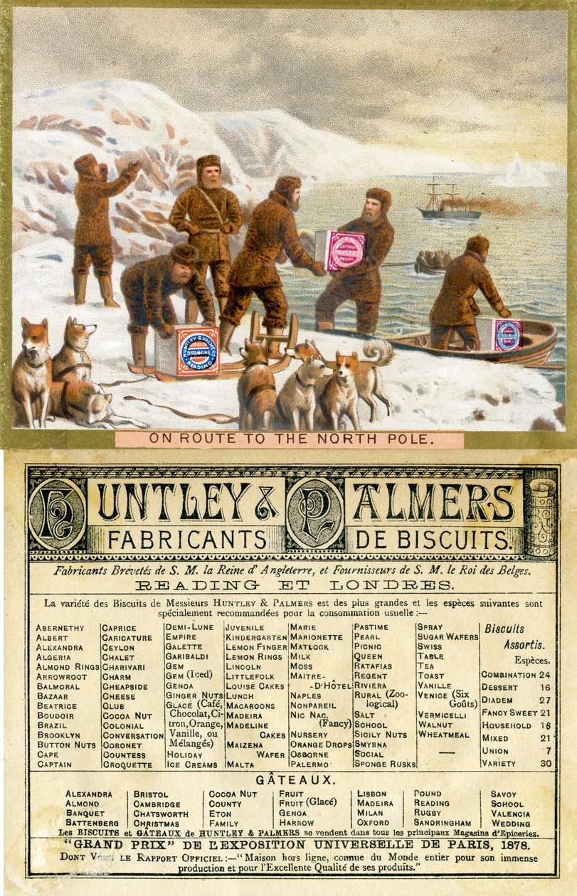Op weg naar de Noordpool, voor- en achterkant van een promotiekaart voor Huntley & Palmers Biscuits, geproduceerd voor de Franse markt, 1890 door English School