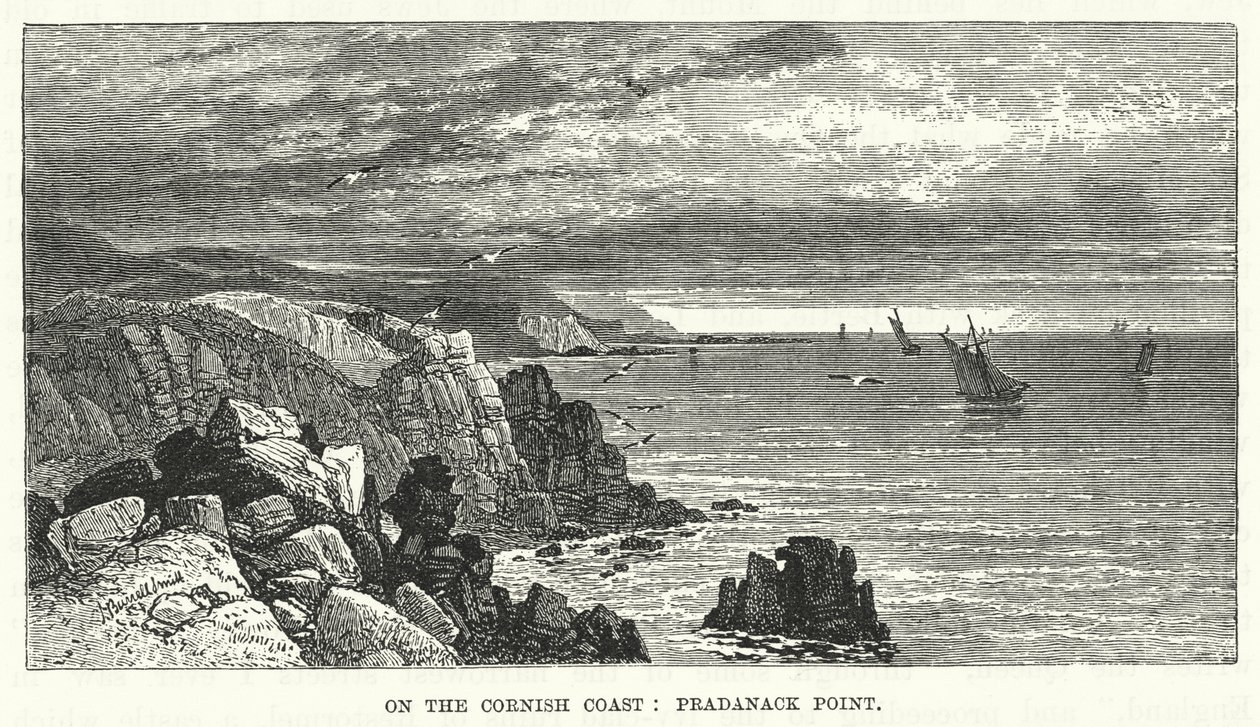 Aan de kust van Cornwall: Pradanack Point (gravure) door English School