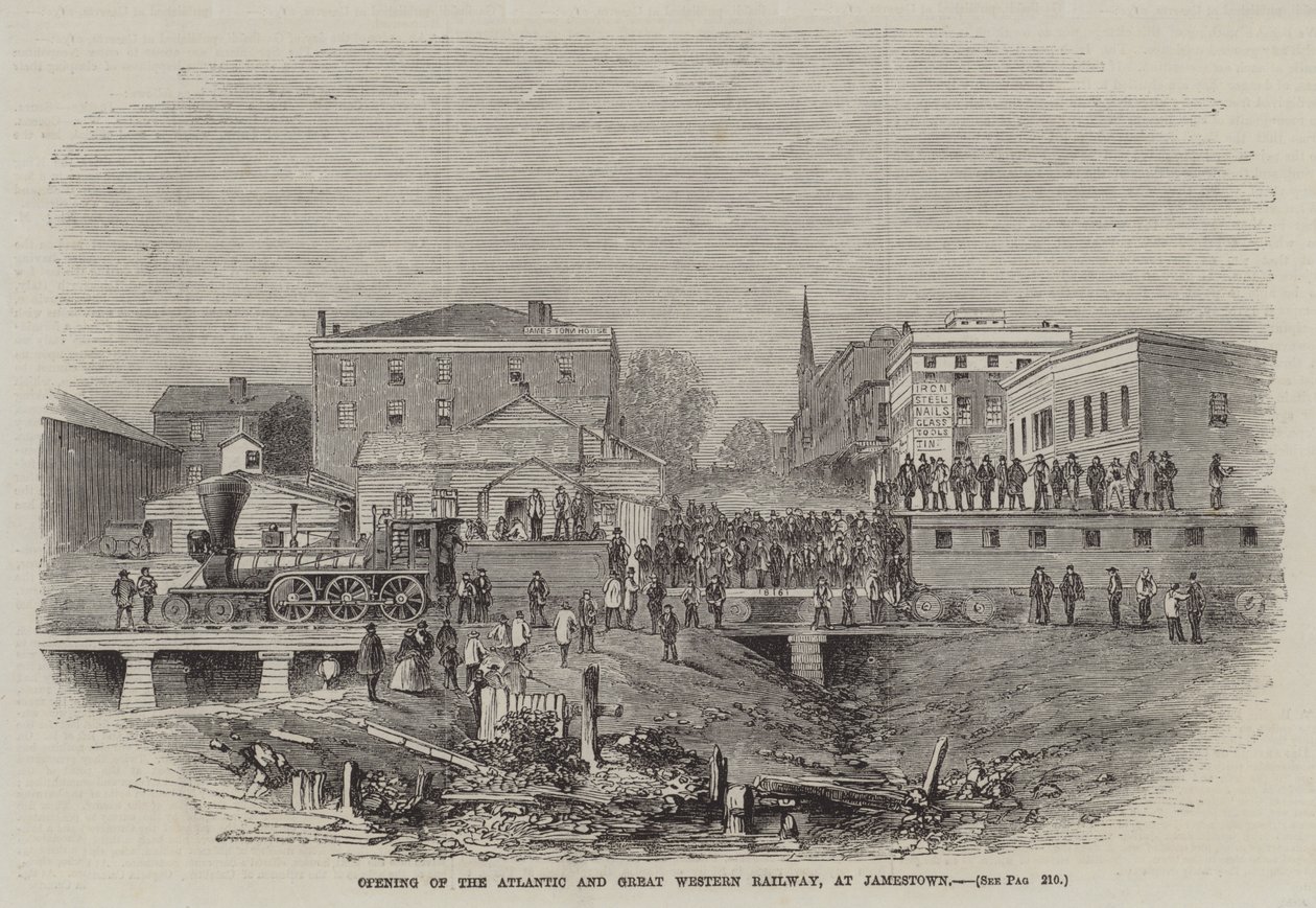 Opening van de Atlantic and Great Western Railway in Jamestown (gravure) door English School