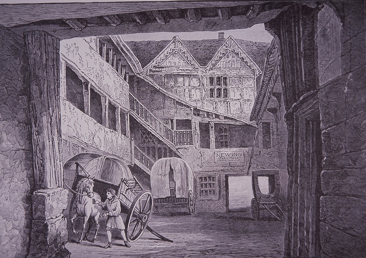 Staljongen verzorgt paard in binnenplaats van de New Inn, Gloucester door English School