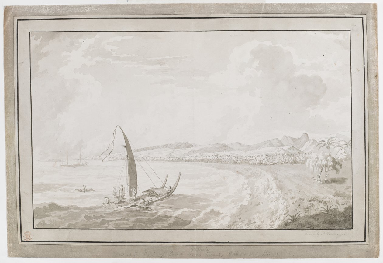 Otahete met uitzicht vanaf de achterkant van Point Venus naar Pithas Long House door English School