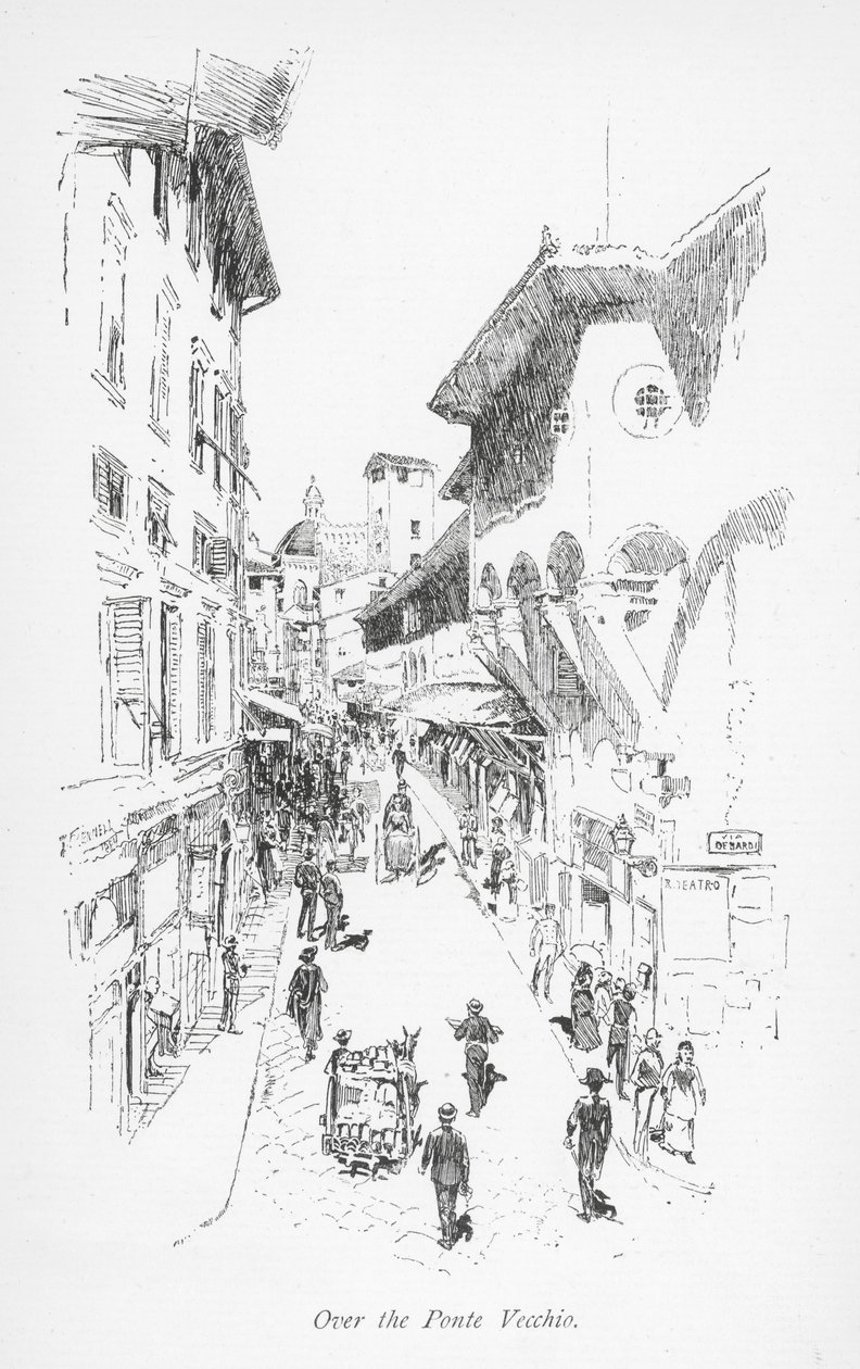 Over de Ponte Vecchio (litho) door English School