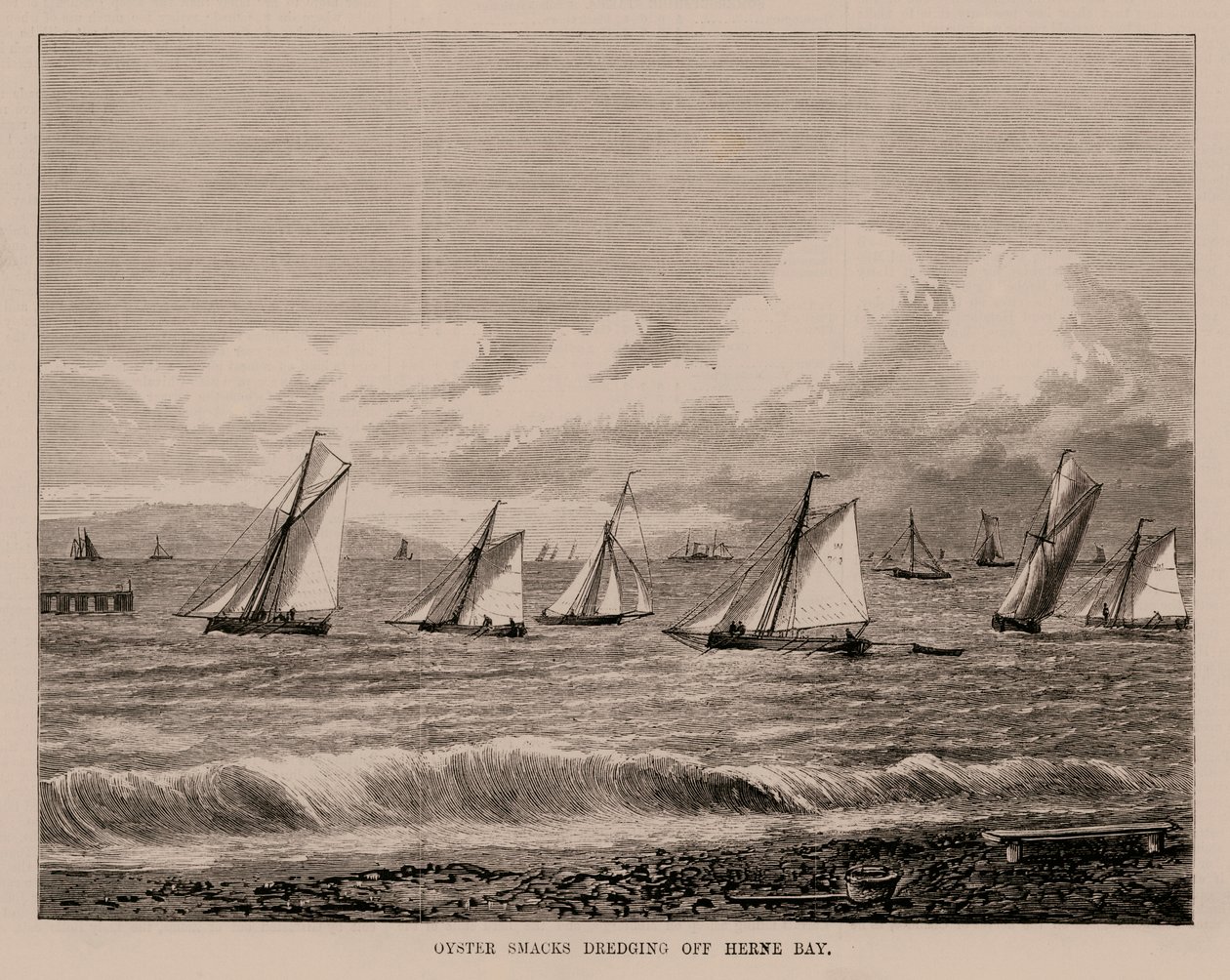 Oyster Smacks baggeren voor Herne Bay (gravure) door English School