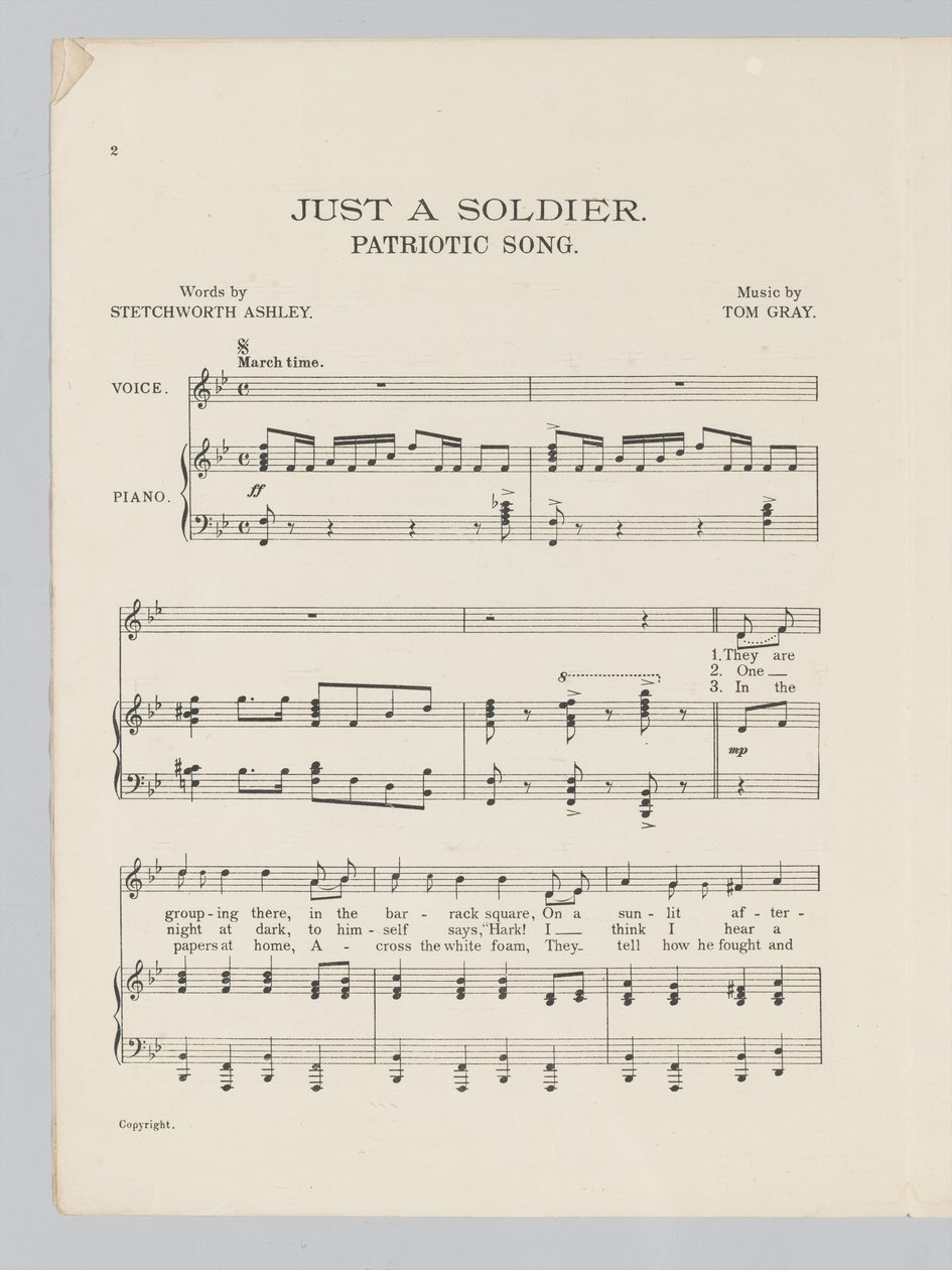 Pagina 2 van een muziekpartituur voor het lied Just a Soldier door English School