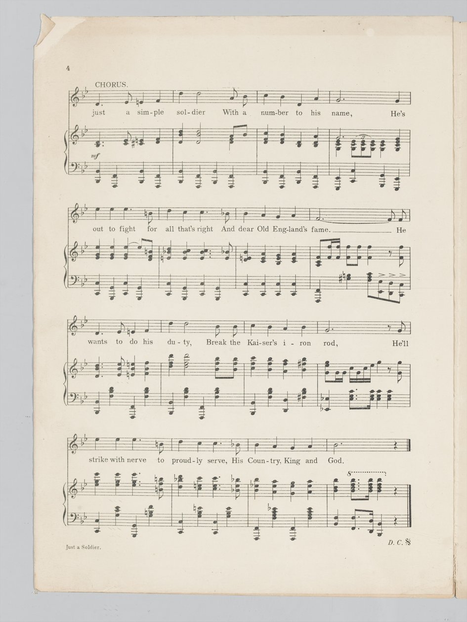 Pagina 4 van een muziekpartituur voor het lied Just a Soldier door English School