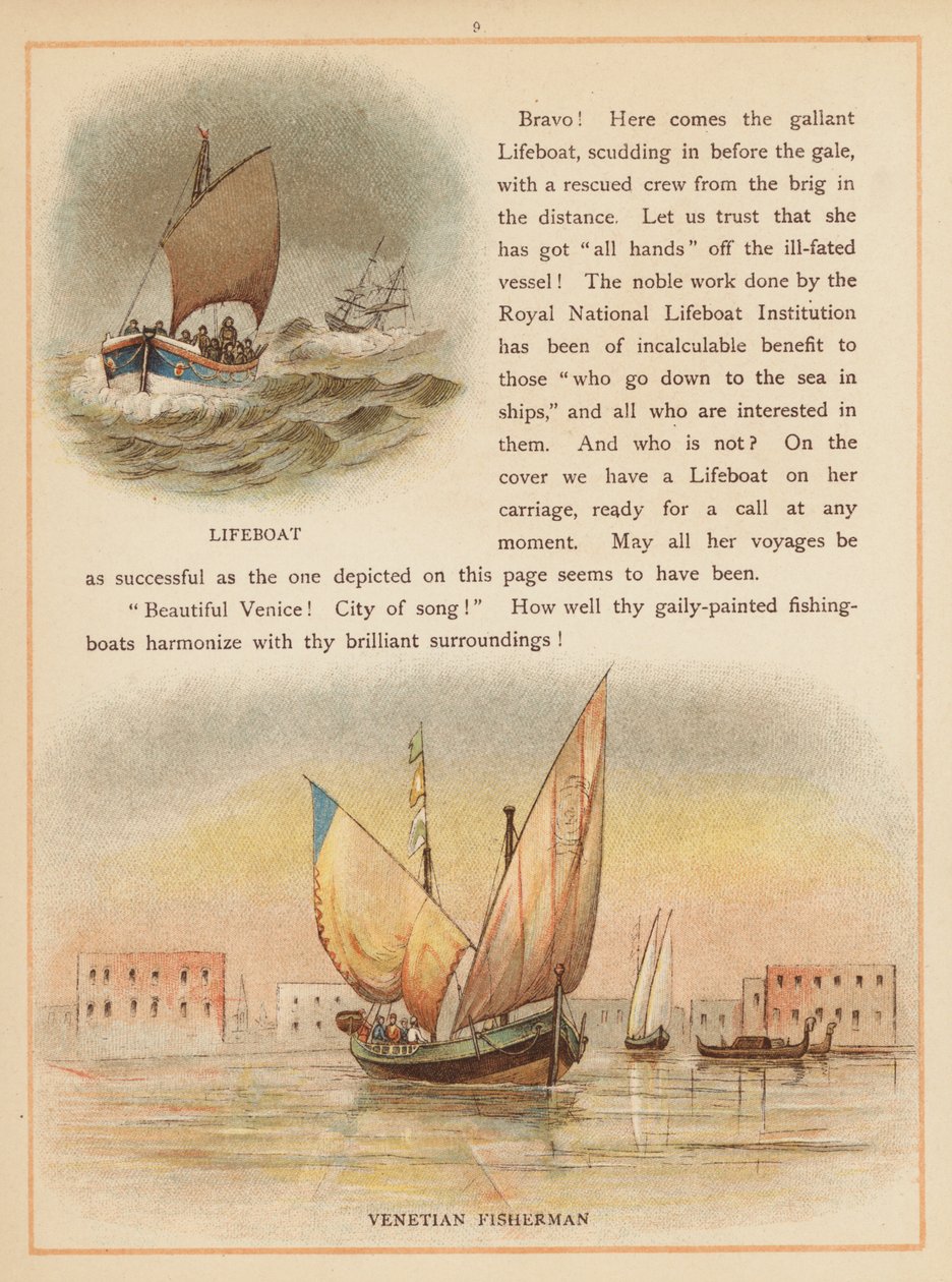 Pagina uit De boten van de wereld, eind 19e eeuw (kleurenlitho) door English School