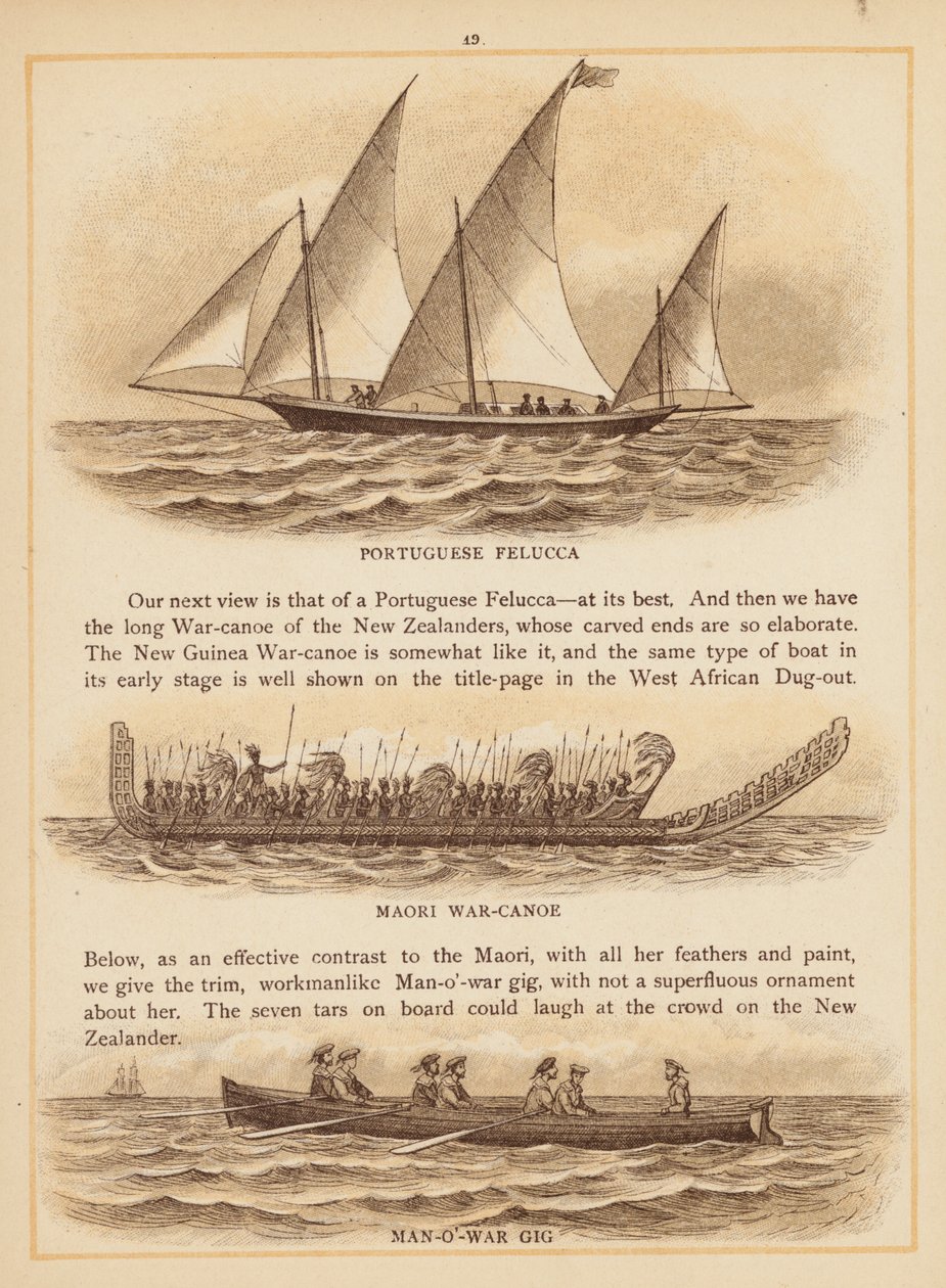 Pagina uit De boten van de wereld, eind 19e eeuw (kleurenlitho) door English School
