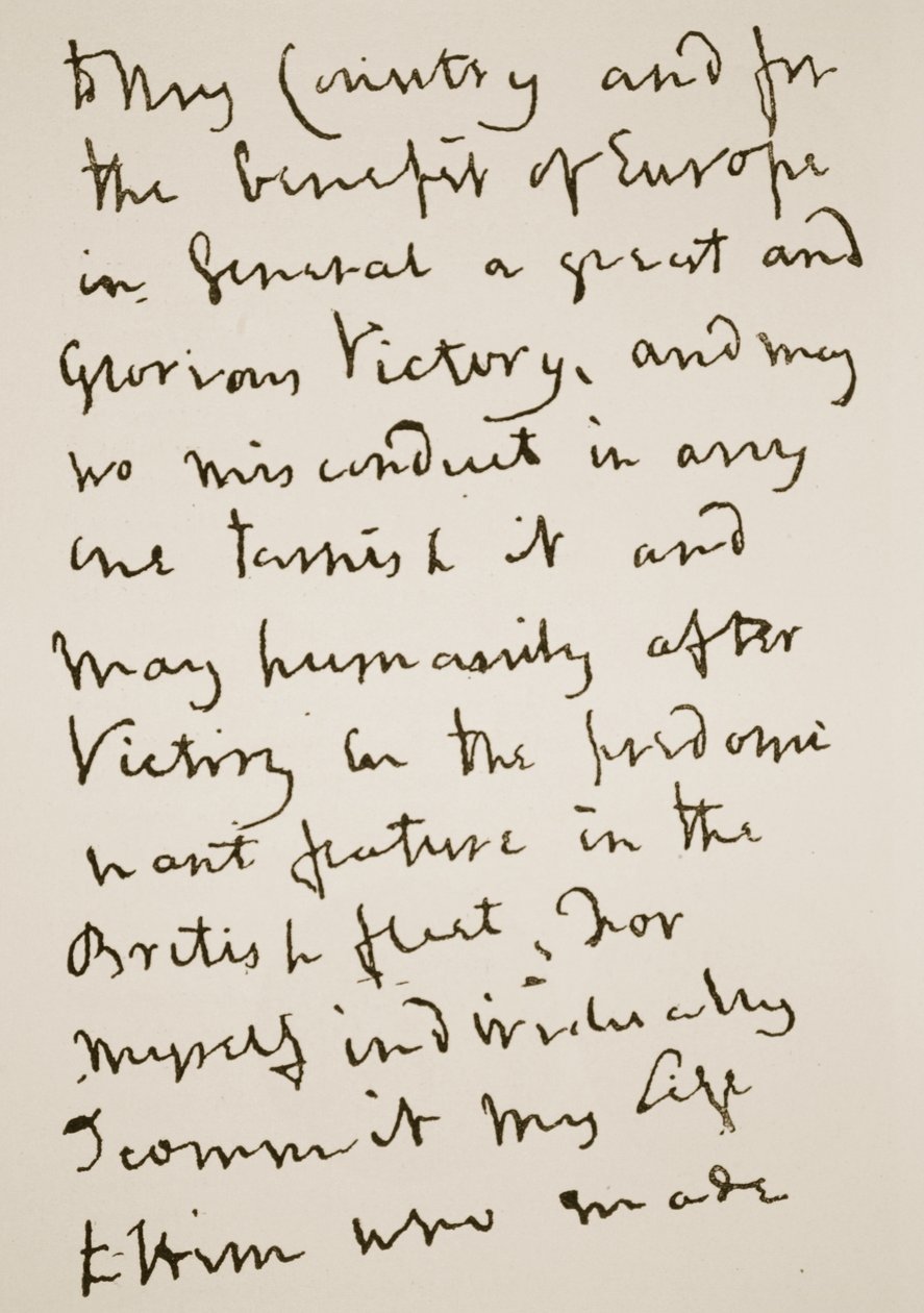 Pagina van een brief geschreven door Nelson vlak voor de Slag bij Trafalgar, maandag 21 oktober 1805 door English School