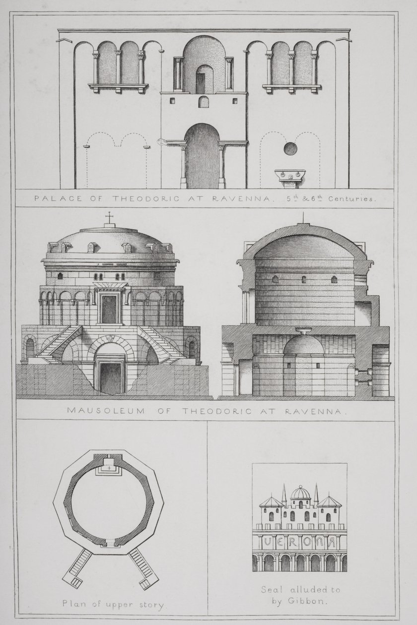 Paleis en mausoleum van Theodorik (c.454-526) in Ravenna, uit `Agincourts Geschiedenis van de Kunst door zijn Monumenten door English School