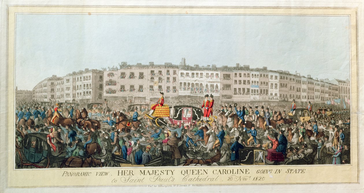 Panoramisch uitzicht. Hare Majesteit Koningin Caroline gaat in staatsie naar de St. Paul