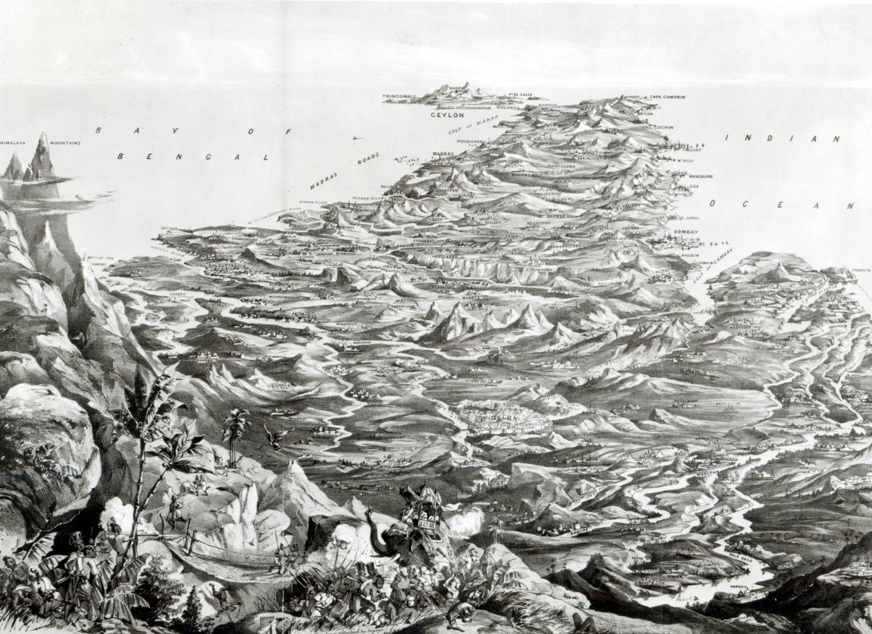 Panoramisch uitzicht op India vanaf de Himalaya-bergen, ontworpen door T. Packer, 1857 door English School