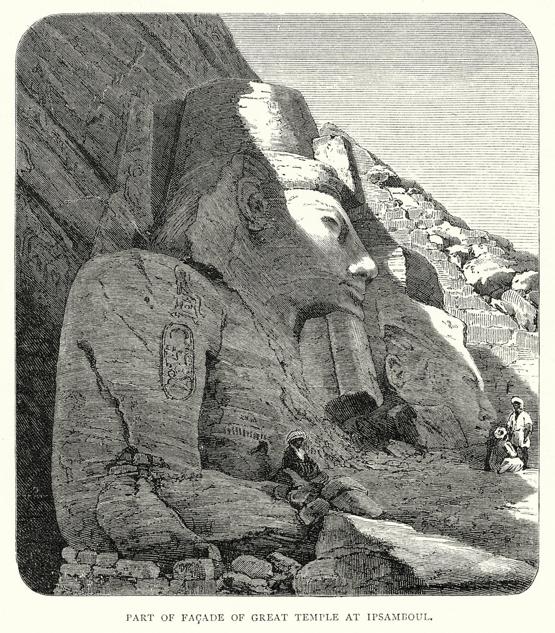 Deel van gevel van grote tempel in Ipsamboul (gravure) door English School