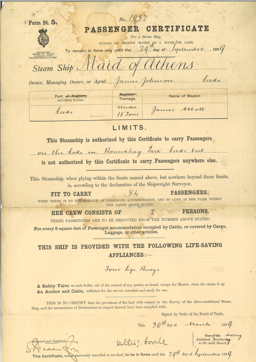 Passagierscertificaat voor stoomschip The Maid of Athens door English School