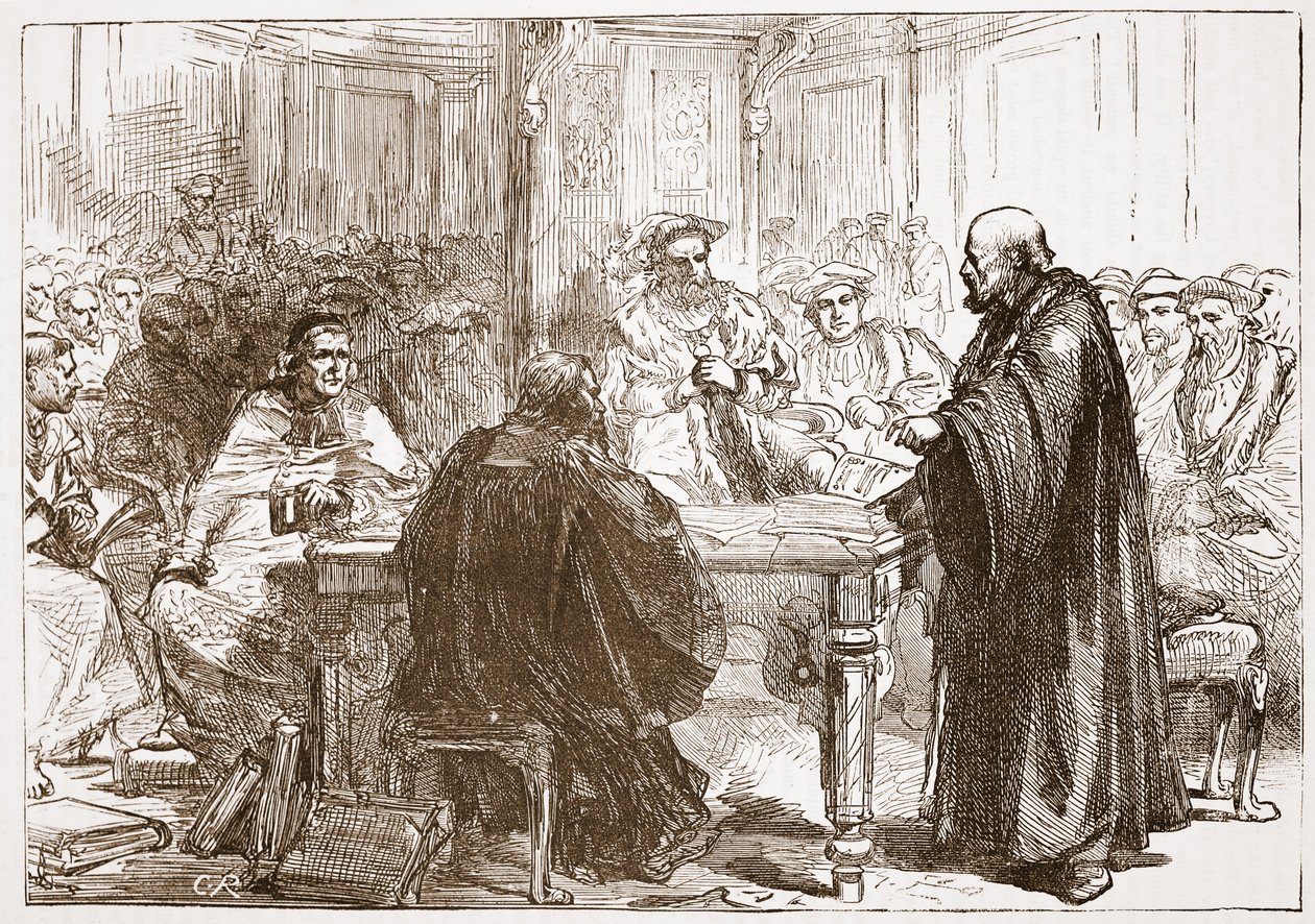 Pastoor Olaf op de Conferentie van Uppsala, illustratie uit De Geschiedenis van het Protestantisme door James Aitken Wylie, gepubliceerd in 1878 door English School