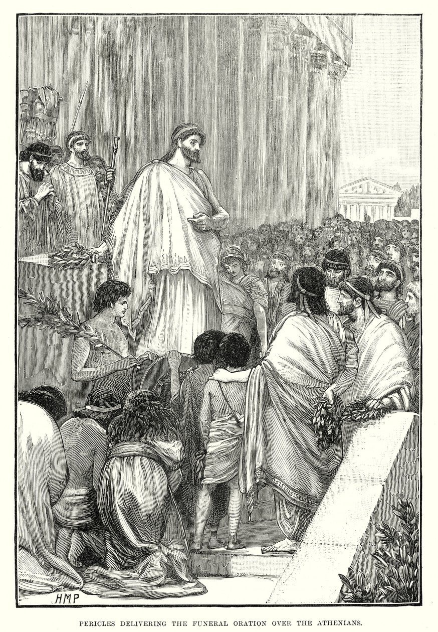 Pericles spreekt de begrafenisrede uit over de Atheners (gravure) door English School