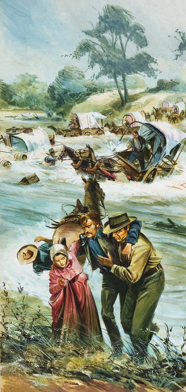 Pioniers steken de ongetemde Arkansas rivier over in de vroege jaren 1880 (gouache op papier) door English School