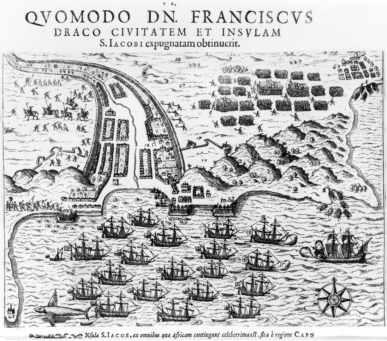Plan dat toont hoe Francis Drake (ca. 1540-96) het eiland San Jacob bestormde en vasthield door English School