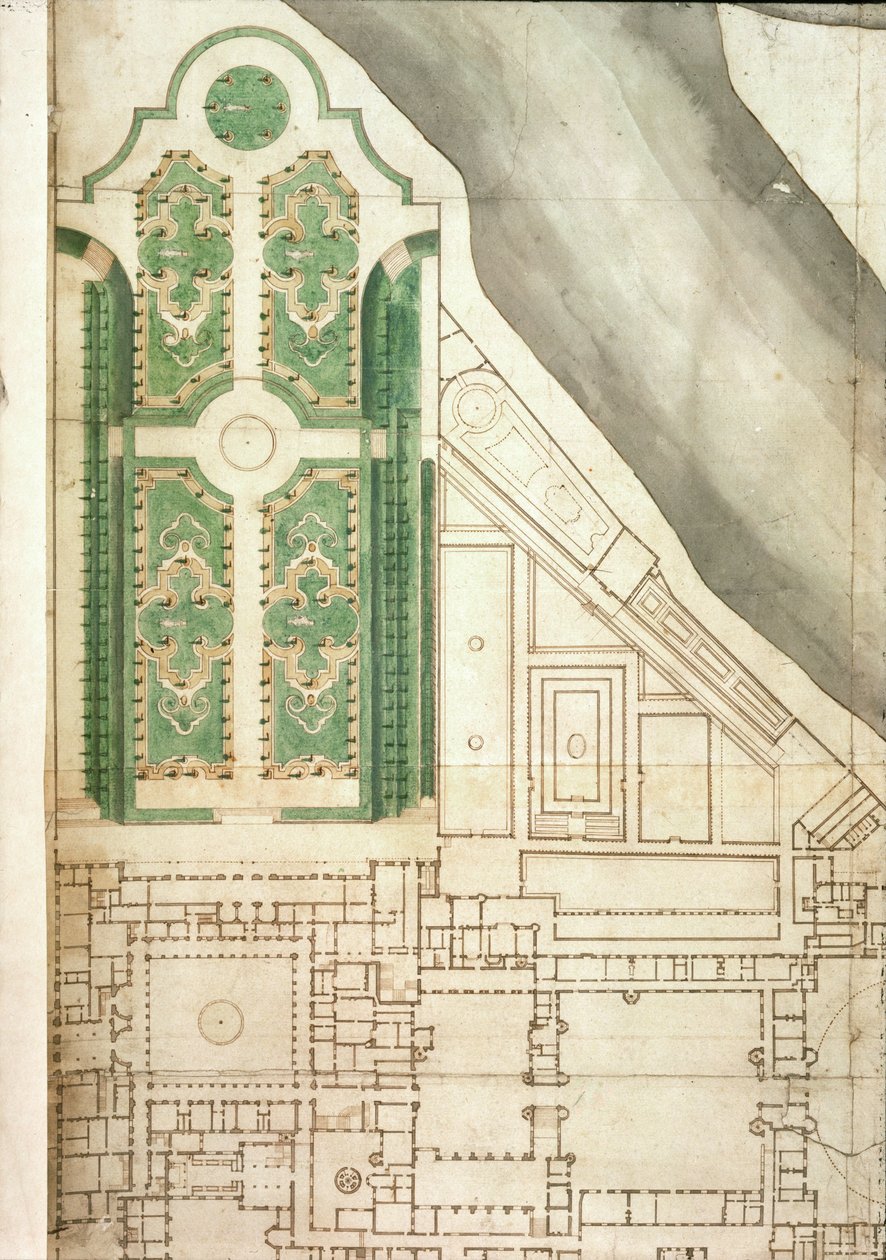 Plattegrond van Hampton Court en zijn tuinen, c.1714 door English School