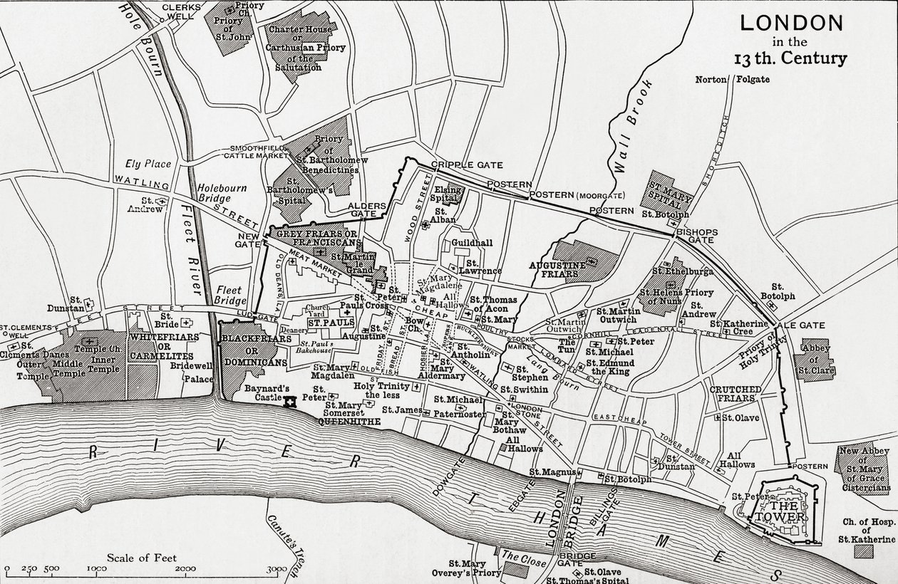 Plan van Londen in de 13e eeuw, uit 