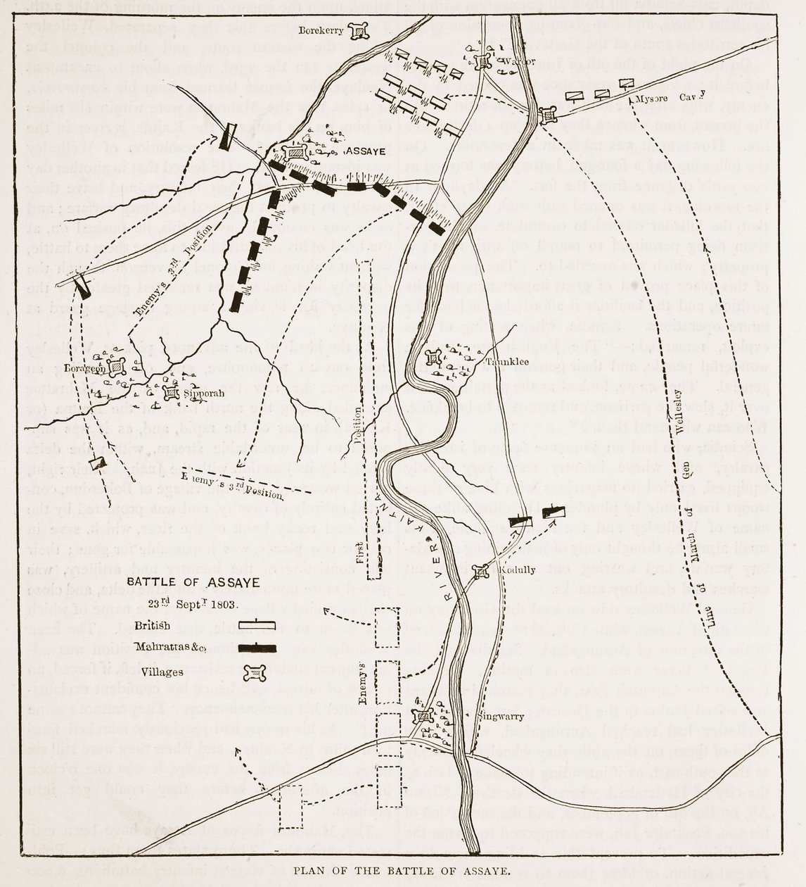 Plan van de Slag bij Assaye, illustratie uit Cassells Geïllustreerde Geschiedenis van India door James Grant, uitgegeven 1879 door English School
