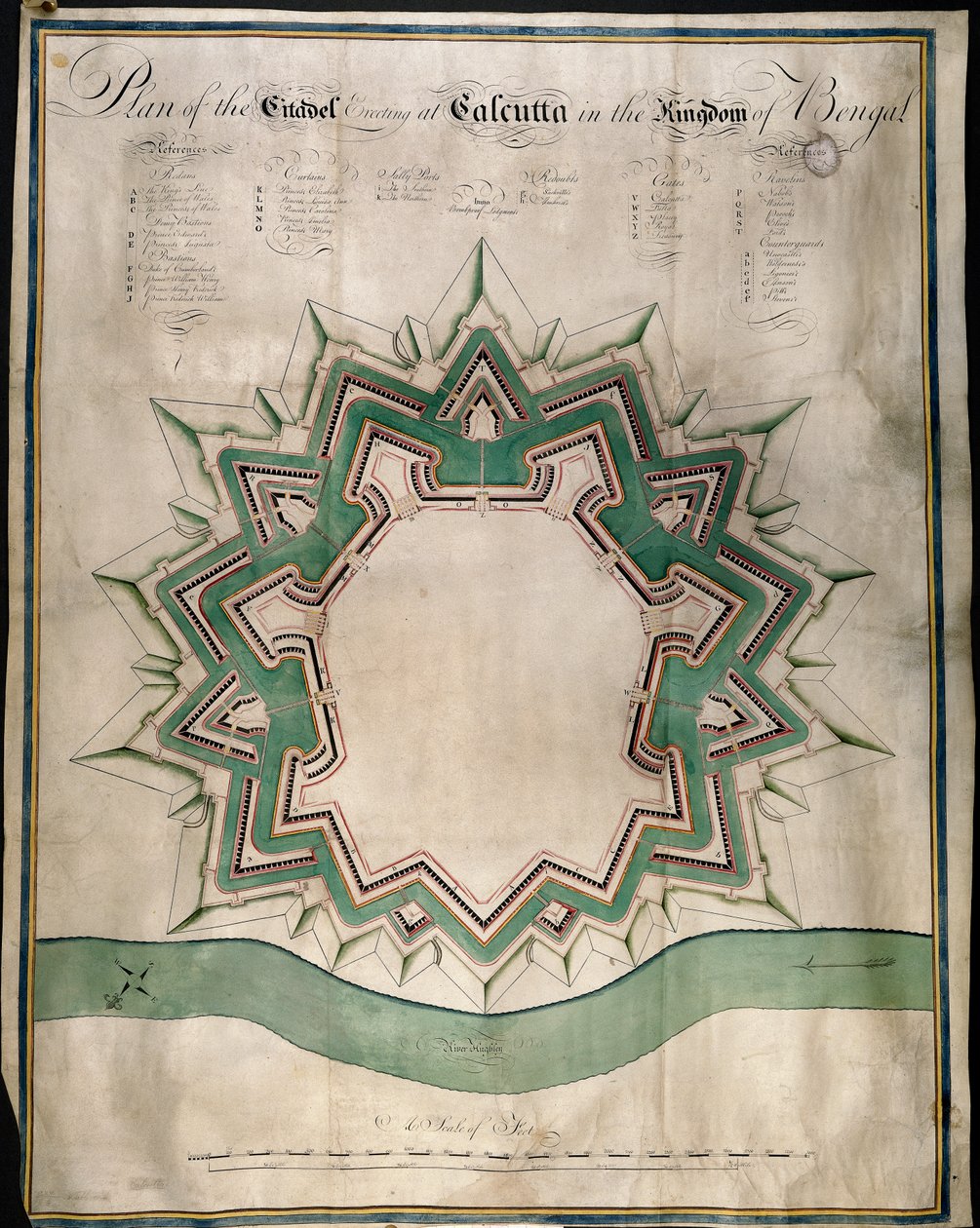 Plan van de Citadel van Calcutta en Fort William, het versterkte magazijn van de Oost-Indische Compagnie, ca. 1750 door English School