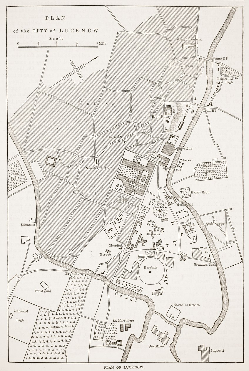 Plan van de stad Lucknow, uit Cassells Geïllustreerde Geschiedenis van Engeland door English School