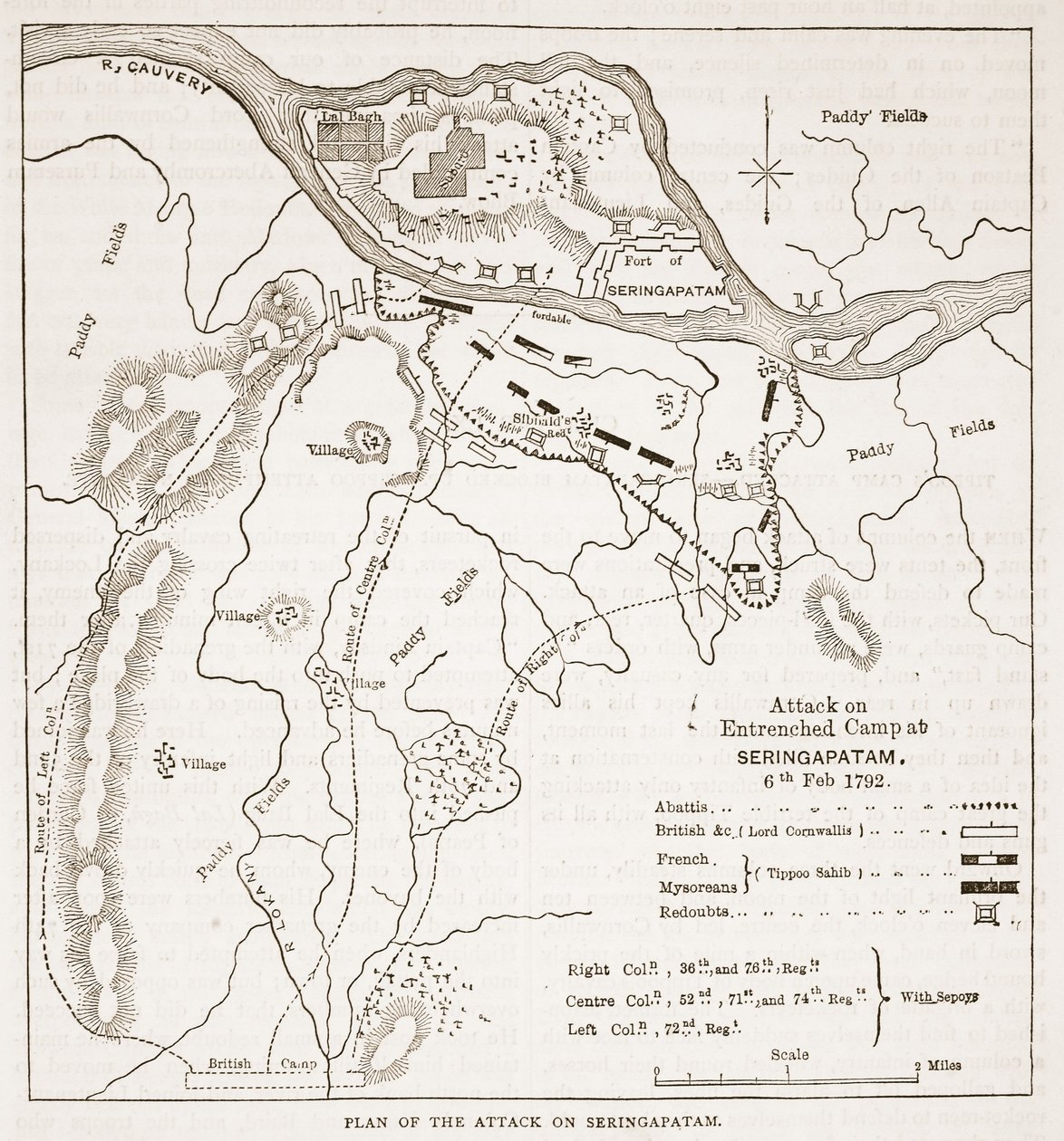 Plan van de aanval op Seringapatam, illustratie uit Cassells Geïllustreerde Geschiedenis van India door James Grant, uitgegeven 1879 door English School