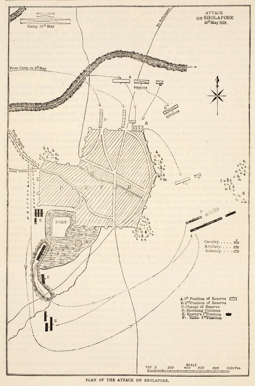 Plan van de aanval op Sholapore, illustratie uit Cassells Geïllustreerde Geschiedenis van India door James Grant, uitgegeven 1879 door English School