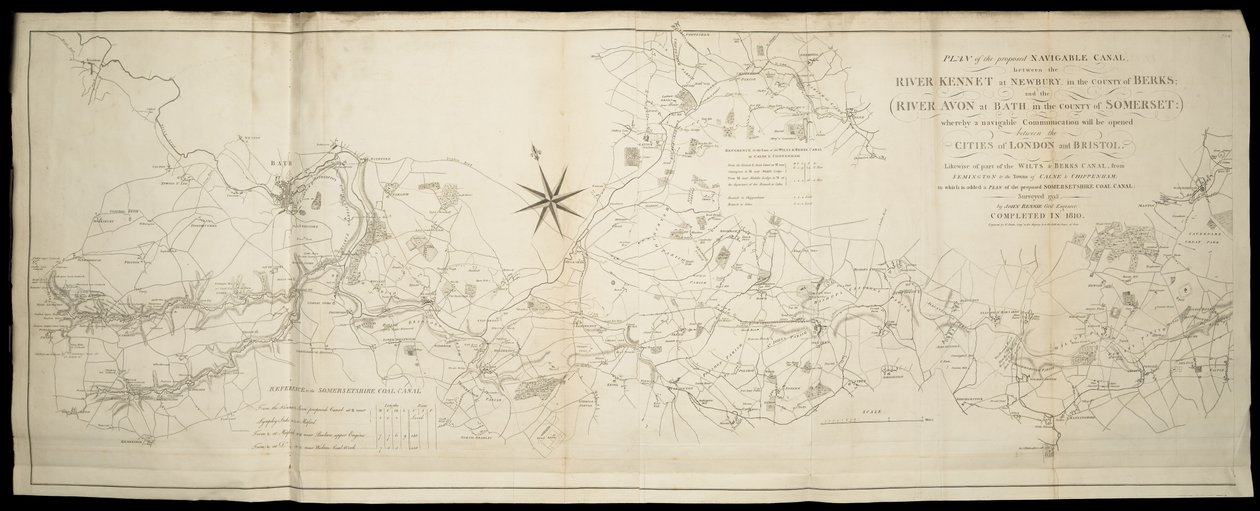 Plan van het voorgestelde bevaarbare kanaal tussen de rivier Kennet bij Newbury in Berks en de rivier Avon in Somerset door English School