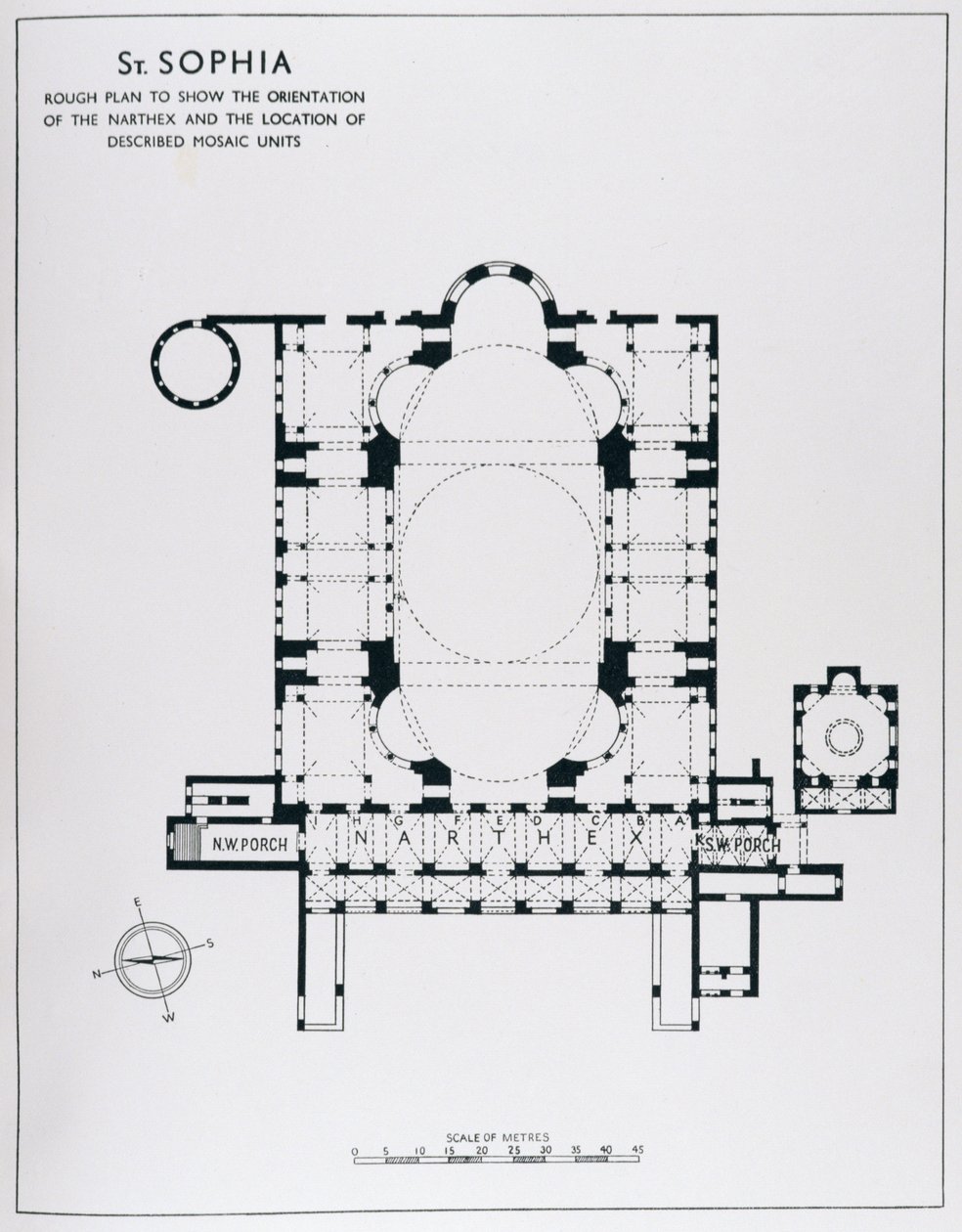 Plan om de oriëntatie van de narthex en beschreven mozaïekeenheden te tonen, uit De mozaïeken van Haghia Sophia in Istanbul door Thomas Whittemore door English School