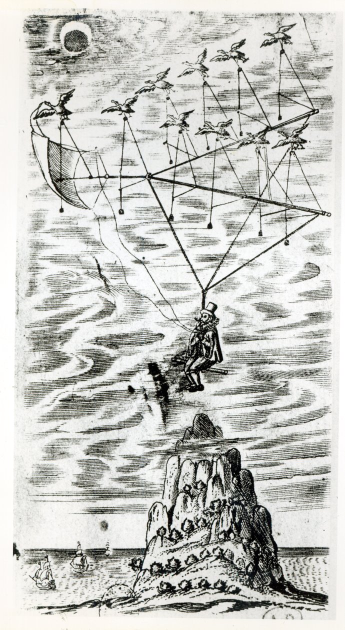 Vliegtuig, illustratie van het frontispice van De man in de maan of een verhandeling over een reis daarheen door Domingo Gonsales, de snelle Boodschapper door Francis Godwin (1562-1633), postuum gepubliceerd door English School